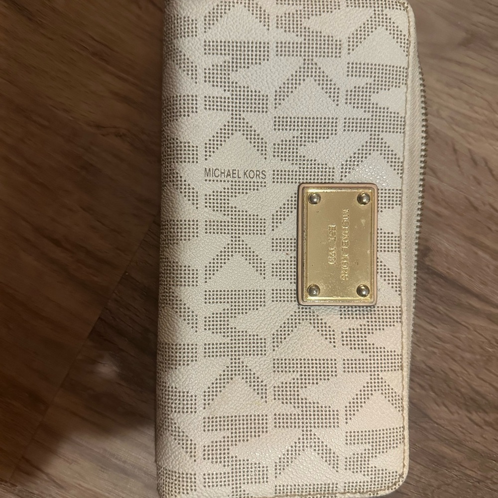 Michael Kors Cream Perforated Logo Zip Wallet with Gold Plate
